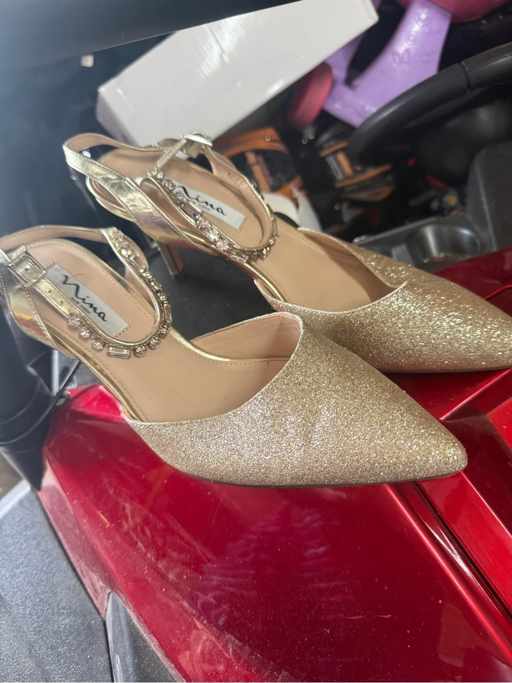 Nina Gold Glitter Pointed Toe Jeweled Slingback Heels